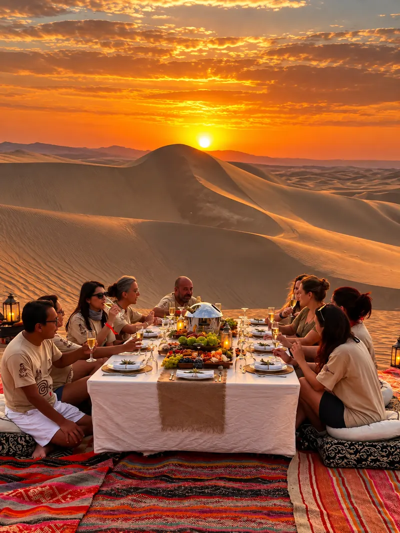 Grupo compartiendo el brindis del Sunset Experience frente al atardecer